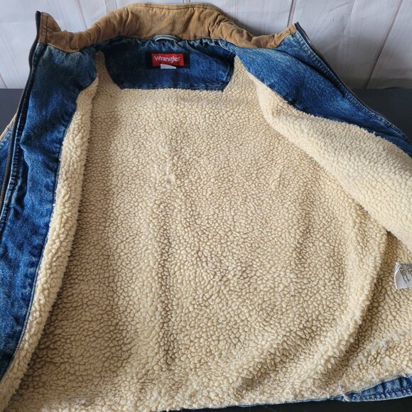 Vintage Wrangler Hero Men XL Blue Denim Sherpa Lined Vest Corduroy Collar, Zip - Picture 4 of 7